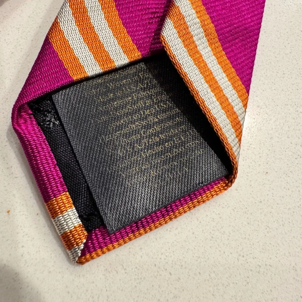 Brooks Brothers Mens Silk Tie Magenta Orange White Diagonal Rep Stripe USA Made